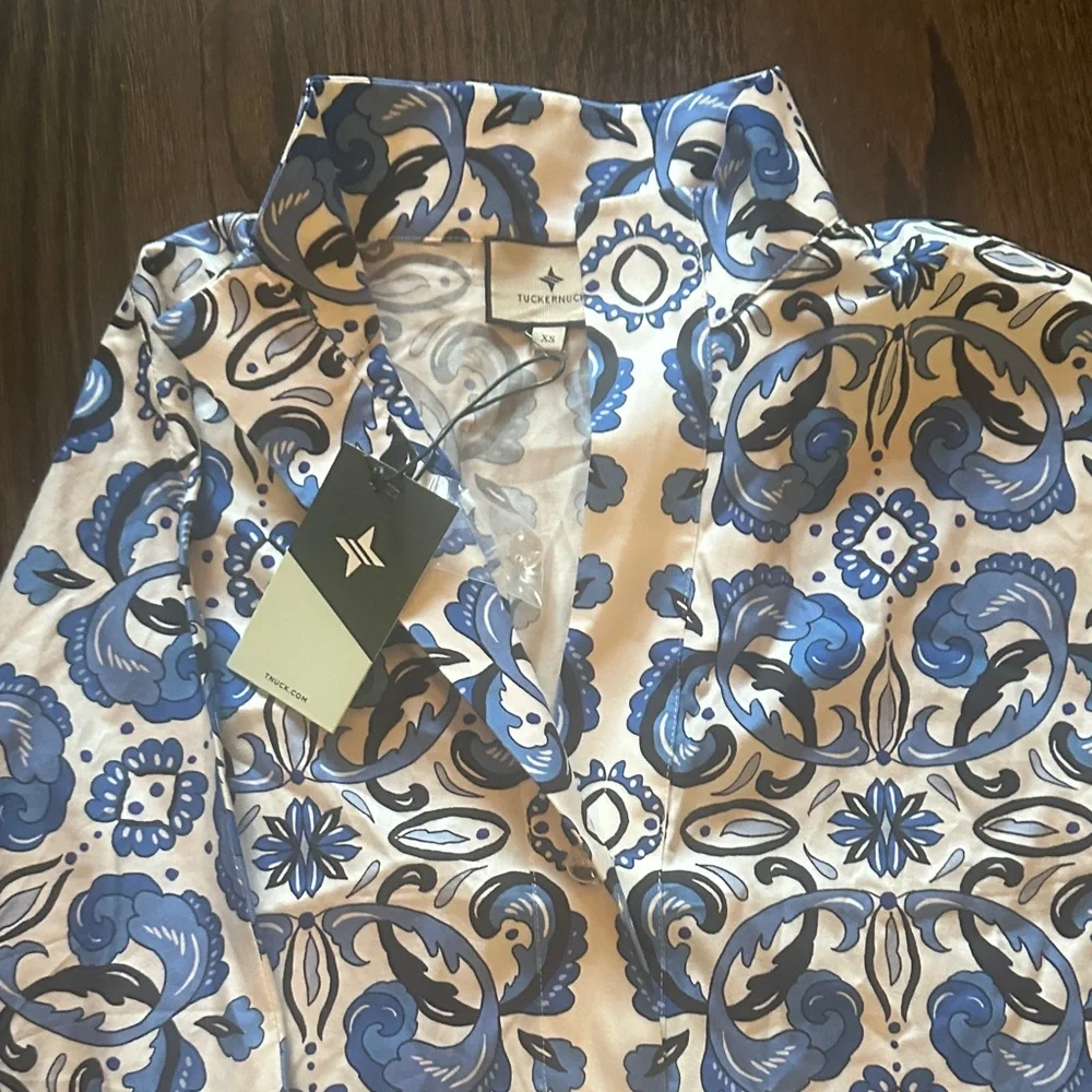 Tuckernuck Blue and White Majolica Tile Willow Women's Button Down Shirt - Picture 2 of 4